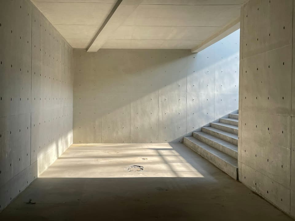A bare concrete room with stairs and a drain in the floor